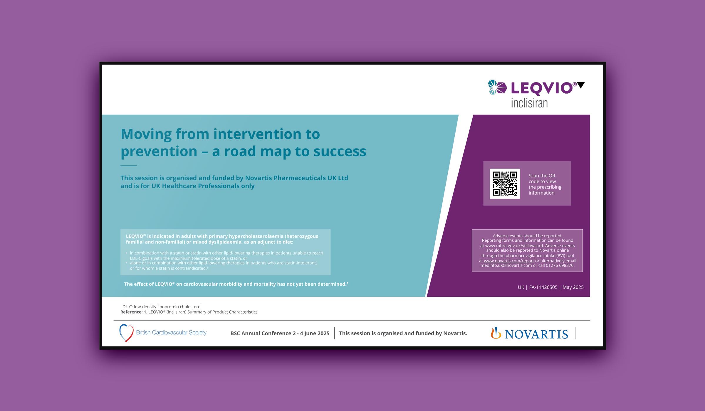 Leqvio BCS Annual Conference presentation on screen, slide 1: Moving from intervention to prevention, a road map to success