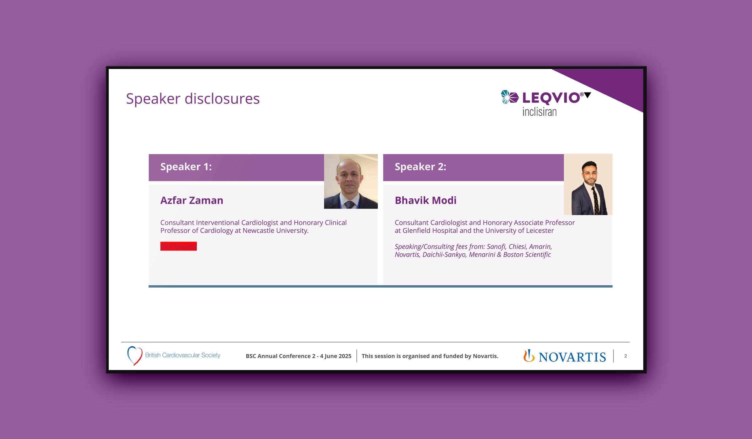 Leqvio BCS Annual Conference presentation on screen, slide 2: speaker disclosures