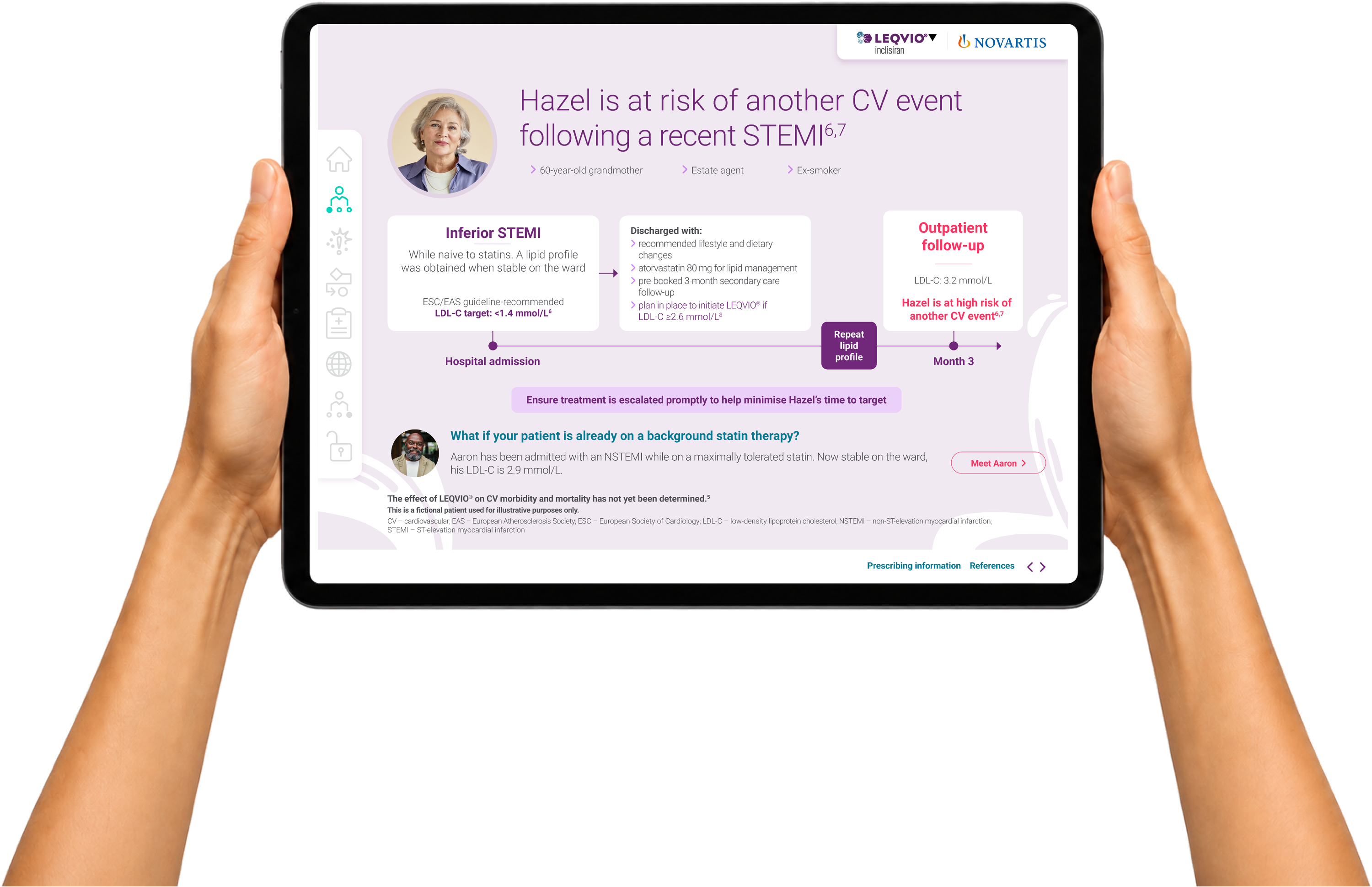 Leqvio secondary care iPad tool, Hazel patient journey timeline