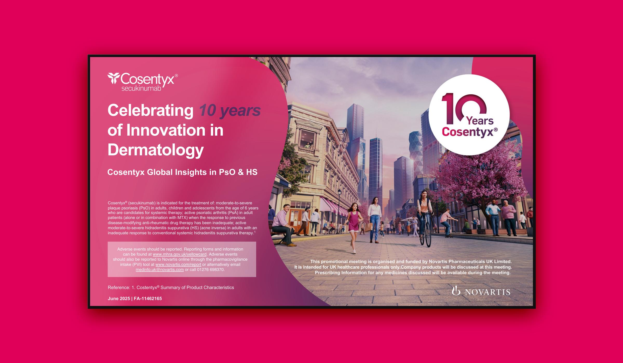 Cosentyx BAD symposium deck on screen, slide 1: Celebrating 10 years of Innovation in Dermatology